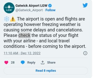 Gatwick airport London snow warning.